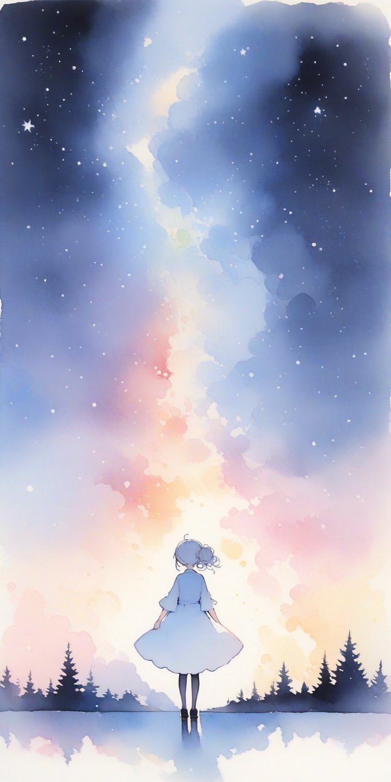 (finely best quality illustration:1.2), (kawaii girl:1.1), (1girl, solo:1), coquettish skin,  watercolor painting, pencil drawing,
very wide shot, 
silver hair, wavy hair, hair pin, hair up,
full body, 

starry sky, milky way, looking up,