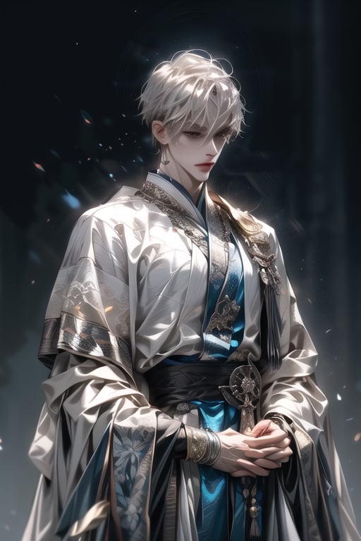 (extreamly delicate and beautiful:1.2), 8K, (tmasterpiece, best:1.0), , (LONG_silver_HAIR_MALE:1.5), Upper body body, a long_haired male, cool and seductive, evil_gaze, wears white hanfu, and intricate detailing, and intricate detailing, finely eye and detailed face, Perfect eyes, Equal eyes, Fantastic lights and shadows、white room background、 Uses backlight and rim light