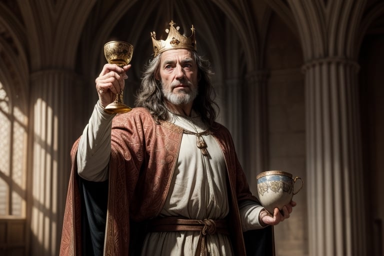 medieval handsome king paunchy, old, holding cup in right hand, golden cup, middle ages