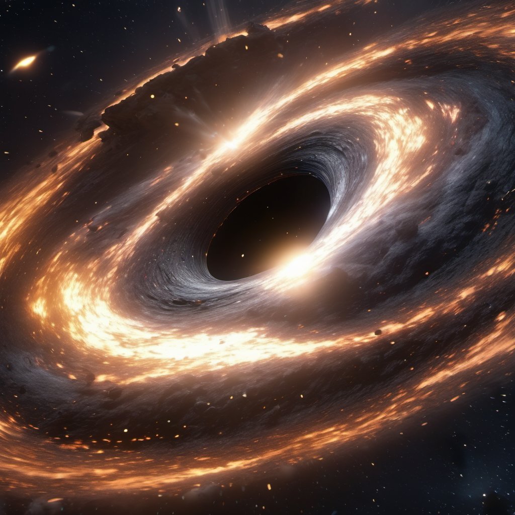 black hole in the center of a galaxy, gravitational field, event horizon, unreal engine, realistic, ultrarealistic lighting, bloom, in the center of a galaxy, godrays,EpicSky