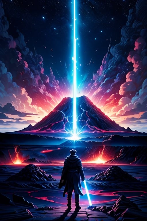 (4k), (masterpiece), (best quality),(extremely intricate), (realistic), (sharp focus), (award winning), (cinematic lighting), (extremely detailed),

(A scene from the movie star wars revenge of the sith), A shoulder shot of Anakin Skywalker standing with his bright blue lightsaber lowered on the terrain of a volcanic lava planet,

,EpicSky,Isometric_Setting,DonMChr0m4t3rr4 