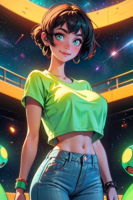 woman, (skinny:1.5), gigantic breasts, breasts, huge breasts, hyperbreasts, breasts bigger than head, (playful pose, happy, joyful, closed smile, blush, looking at viewer, standing), (tight clothes), (slim shoulders), Cadmium Green eyes, (Green Yellow shirt), retro circle earrings, fluorescent bracelet, dark hair, dark blue denim pants, green theme, high contrast, saturated colors, complementary colors, retro art, (glow, glowing, neon:1.2), (alien landscape, in space, atompunkstylesd15, hdr, high dynamic range:1.3), outdoors, (noon, sun in background,:1.4)