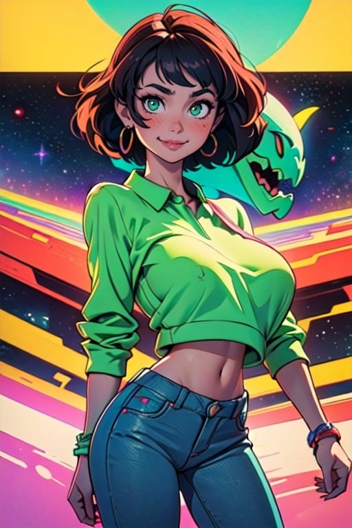 woman, (skinny:1.5), gigantic breasts, breasts, huge breasts, hyperbreasts, breasts bigger than head, (playful pose, happy, joyful, closed smile, blush, looking at viewer, standing), (tight clothes), (slim shoulders), Cadmium Green eyes, (Green Yellow shirt), retro circle earrings, fluorescent bracelet, dark hair, dark blue denim pants, green theme, high contrast, saturated colors, complementary colors, retro art, (glow, glowing, neon:1.2), (alien landscape, in space, atompunkstylesd15, hdr, high dynamic range:1.3), outdoors, (noon, sun in background,:1.4)