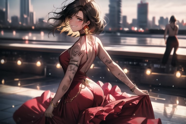 1girl,(masterpiece),gold earrings,muscular body, best quality,expressive eyes, perfect face, tomboy,perfecteyes,cbpkv5,midjourney,tattoos,UHD,reimagined as a tomboy,facing_away, red dress,Detailedface,evil smile,rooftop background,hiphop dance pose,dance pose,f