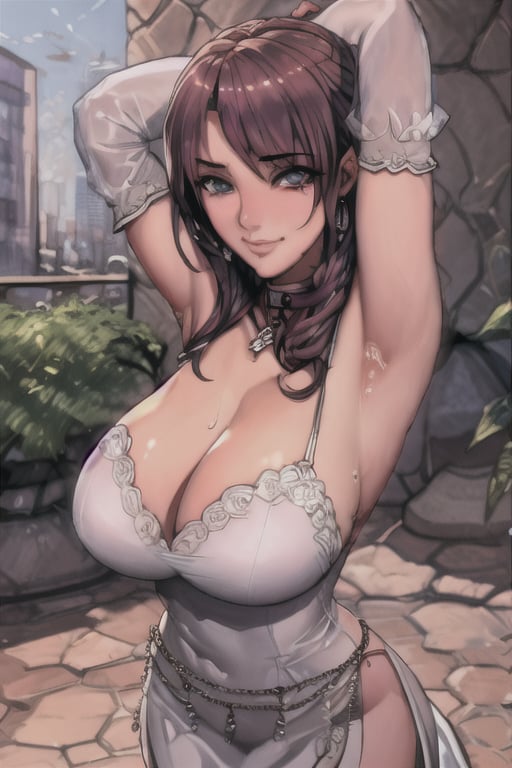 1girl, (huge breasts), bangs, bare shoulders, pink hair, blue eyes, choker, cleavage, collarbone, detached sleeves, weddingdress, earrings,mature female,shiny,shiny skin,oda non,wedding_dress,Detailedface,seductive_smile,seductive smile,perfecteyes,arms behind head,arms up,armpits,detailed eye,perfect eye,perfect face,detailed face,anime masterpiece,8k,realistic,garden background