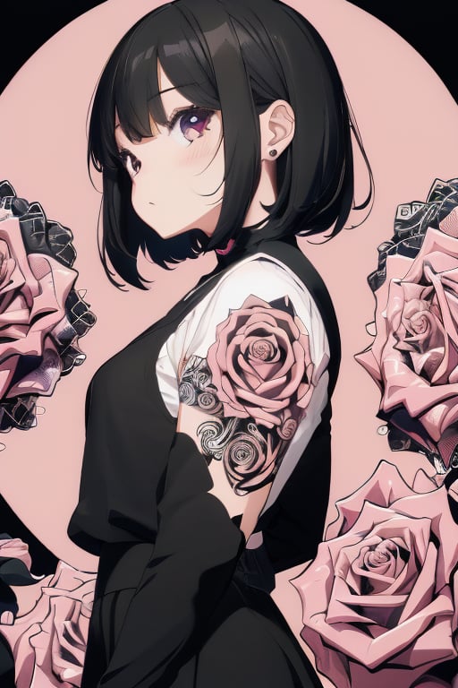 (kawaii background:1.3), (extremely detailed fine touch:1.3), ///, kawaii girl, black short hair, school girl, black tights, (profile:1.3), (full body:1.3), (rose:1.3), (zentangle:1.3)