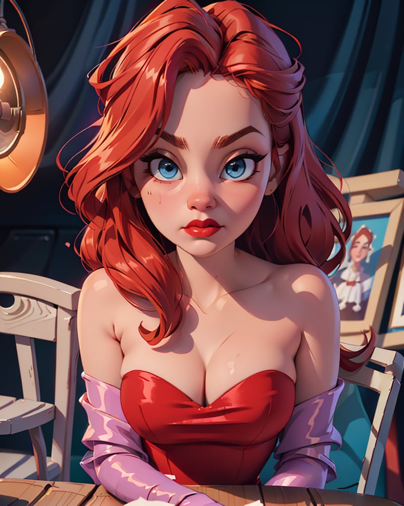 (JessicaWaifu:1),1girl, cute, looking at viewer, (jessica rabbit wavy red hair, blue eyes), (red dress), (strapless dress, long purple satin gloves, sexy face, red lips, makeup, cleavage), ((extremely curvy)), sexy, sitting on chair, breast focus, sexy face, charming face,(detailed ladscape, backstage, dressing room, glamour:1.2), (background), (dynamic_angle:1.2), (dynamic_pose:1.2), (rule of third_composition:1.3), (dynamic_perspective:1.2), (dynamic_Line_of_action:1.2), solo, wide shot,(masterpiece:1.2), (best quality, highest quality), (ultra detailed), (8k, 4k, intricate),(full-body-shot:1), (Cowboy-shot:1.2), (50mm), (highly detailed:1.2),(detailed face:1.2), detailed_eyes,(gradients),(ambient light:1.3),(cinematic composition:1.3),(HDR:1),Accent Lighting,extremely detailed CG unity 8k wallpaper,original, highres,(perfect_anatomy:1.2) ,SAM YANG, 3DMM, Detailedface, Detailedeyes,Detailedface