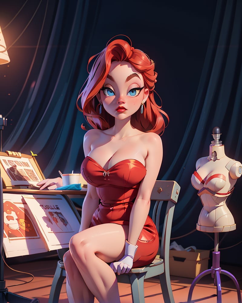 (JessicaWaifu:1),1girl, cute, looking at viewer, (jessica rabbit wavy red hair, blue eyes), (red dress), (strapless dress, long purple satin gloves, sexy face, red lips, makeup, cleavage), ((extremely curvy)), sexy, sitting on chair, breast focus, sexy face, charming face,(detailed ladscape, backstage, dressing room, glamour:1.2), (background), (dynamic_angle:1.2), (dynamic_pose:1.2), (rule of third_composition:1.3), (dynamic_perspective:1.2), (dynamic_Line_of_action:1.2), solo, wide shot,(masterpiece:1.2), (best quality, highest quality), (ultra detailed), (8k, 4k, intricate),(full-body-shot:1), (Cowboy-shot:1.2), (50mm), (highly detailed:1.2),(detailed face:1.2), detailed_eyes,(gradients),(ambient light:1.3),(cinematic composition:1.3),(HDR:1),Accent Lighting,extremely detailed CG unity 8k wallpaper,original, highres,(perfect_anatomy:1.2) ,SAM YANG, 3DMM, Detailedface, Detailedeyes,Detailedface