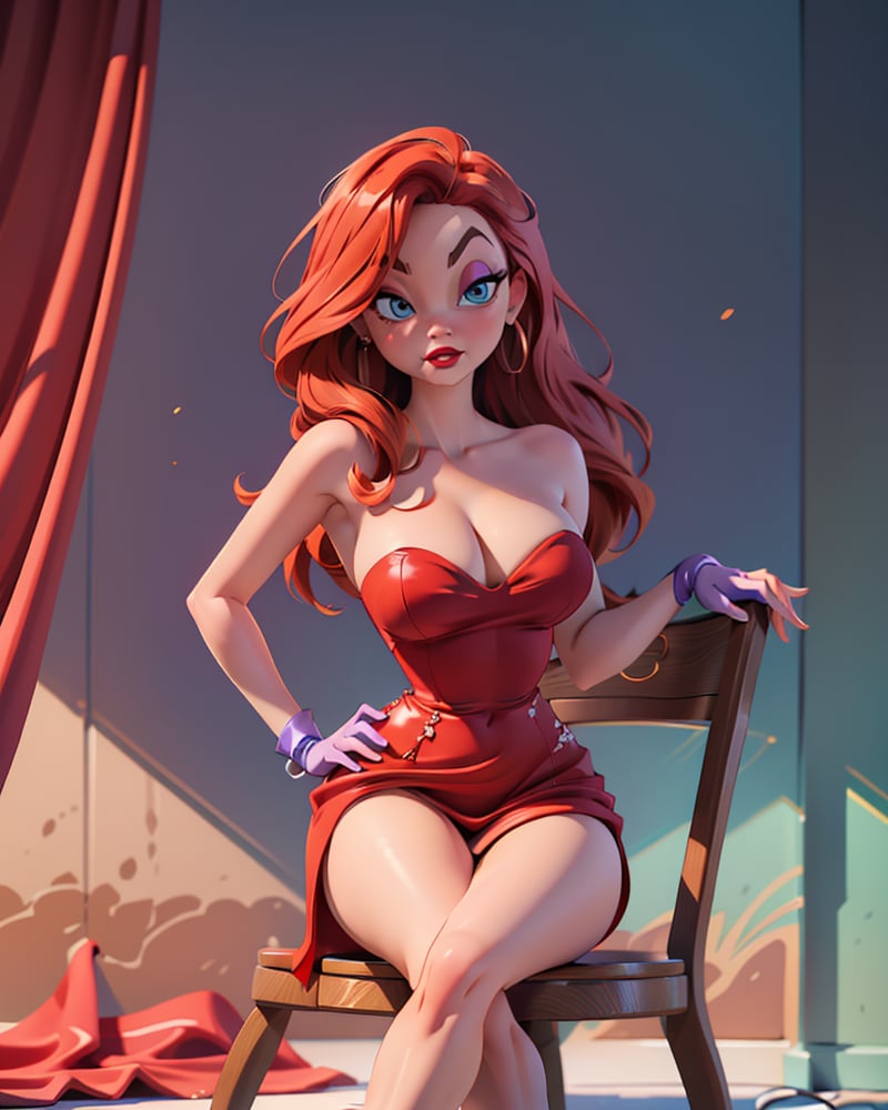 (JessicaWaifu:1),1girl, cute, looking at viewer, (jessica rabbit wavy red hair, blue eyes), (red dress), (strapless dress, long purple satin gloves, sexy face, red lips, makeup, cleavage), ((extremely curvy)), sexy, sitting on chair, breast focus, sexy face, charming face,(detailed ladscape, backstage, dressing room, glamour:1.2), (background), (dynamic_angle:1.2), (dynamic_pose:1.2), (rule of third_composition:1.3), (dynamic_perspective:1.2), (dynamic_Line_of_action:1.2), solo, wide shot,(masterpiece:1.2), (best quality, highest quality), (ultra detailed), (8k, 4k, intricate),(full-body-shot:1), (Cowboy-shot:1.2), (50mm), (highly detailed:1.2),(detailed face:1.2), detailed_eyes,(gradients),(ambient light:1.3),(cinematic composition:1.3),(HDR:1),Accent Lighting,extremely detailed CG unity 8k wallpaper,original, highres,(perfect_anatomy:1.2) ,SAM YANG, 3DMM, Detailedface, Detailedeyes