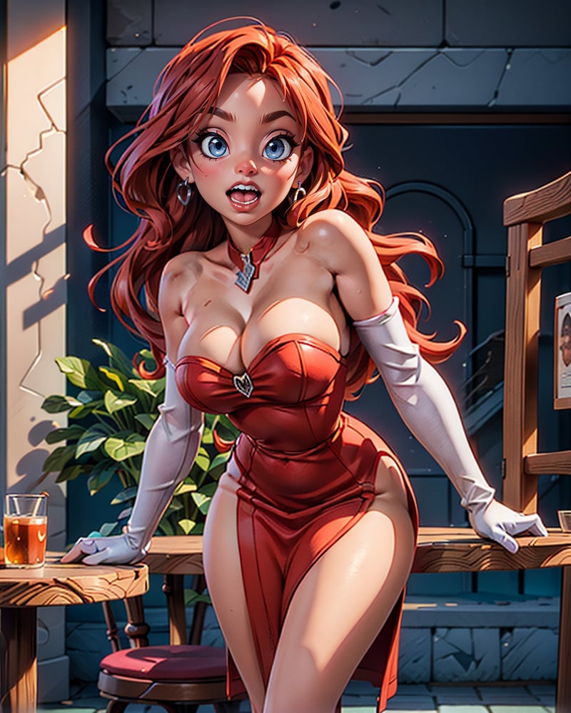 (JessicaWaifu:1),1girl, cute, looking at viewer, (red hair, long wavy hair, blue eyes), (red dress), (strapless dress, elbow gloves, orgasm face, red lips, makeup, cleavage), ((extremely curvy)), sexy, leaning forward, breast focus, smile,(detailed ladscape, bar, table:1.2), (background), (dynamic_angle:1.2), (dynamic_pose:1.2), (rule of third_composition:1.3), (dynamic_perspective:1.2), (dynamic_Line_of_action:1.2), solo, wide shot,(masterpiece:1.2), (best quality, highest quality), (ultra detailed), (8k, 4k, intricate),(full-body-shot:1), (Cowboy-shot:1.2), (50mm), (highly detailed:1.2),(detailed face:1.2), detailed_eyes,(gradients),(ambient light:1.3),(cinematic composition:1.3),(HDR:1),Accent Lighting,extremely detailed CG unity 8k wallpaper,original, highres,(perfect_anatomy:1.2) 