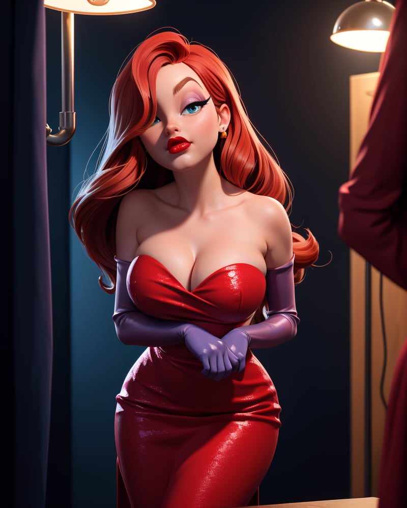 (JessicaWaifu:1),1girl, cute, looking at viewer, (jessica rabbit wavy red hair, blue eyes), (red dress), (strapless dress, elbow gloves, orgasm face, red lips, makeup, cleavage), ((extremely curvy)), sexy, leaning forward, breast focus, sexy face, charming face,(detailed ladscape, backstage, dressing room, glamour:1.2), (background), (dynamic_angle:1.2), (dynamic_pose:1.2), (rule of third_composition:1.3), (dynamic_perspective:1.2), (dynamic_Line_of_action:1.2), solo, wide shot,(masterpiece:1.2), (best quality, highest quality), (ultra detailed), (8k, 4k, intricate),(full-body-shot:1), (Cowboy-shot:1.2), (50mm), (highly detailed:1.2),(detailed face:1.2), detailed_eyes,(gradients),(ambient light:1.3),(cinematic composition:1.3),(HDR:1),Accent Lighting,extremely detailed CG unity 8k wallpaper,original, highres,(perfect_anatomy:1.2) ,SAM YANG, 3DMM,Detailedface