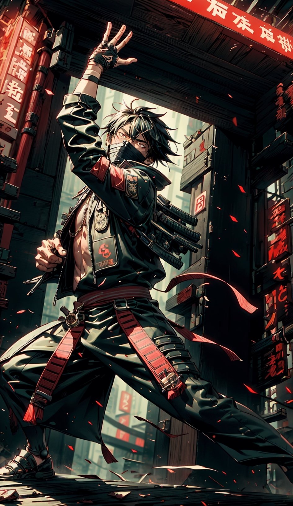 (masterpiece, best quality, high quality, highres, ultra-detailed), 1boy, solo, full body shot, looking down, detailed background, detailed face, (, SamuraiPunkAI, stone theme:1.1), samurai, samurai jacket \(cyberpunk\), samurai spirits,  dynamic pose, calm, samurai crest, dojo in background, wind, cinematic atmosphere,, , ,, ,  , techwear jacket, black gloves, holding Kanata, tactical vest, with buckle and tape,SDK,urban techwear