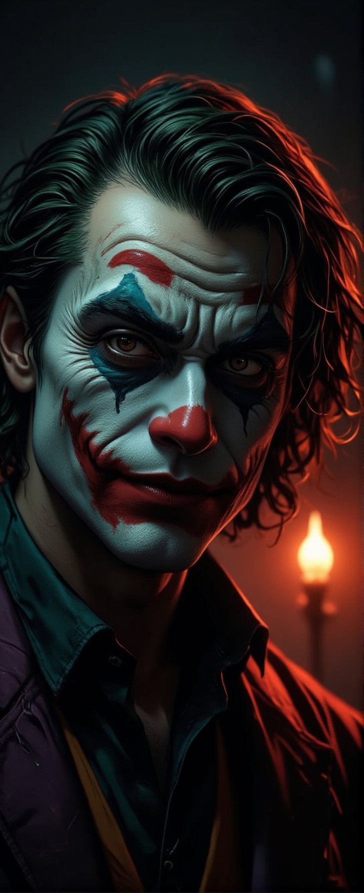 detailed illustration, illustration by Serpieri, best quality, masterpiece, portrait of The Joker (Batman, Heath Ledger), dramatic lighting, chiascuro, light hitting one side of the face, High Definition HD, High Detail, Perfect Composition, mythp0rt