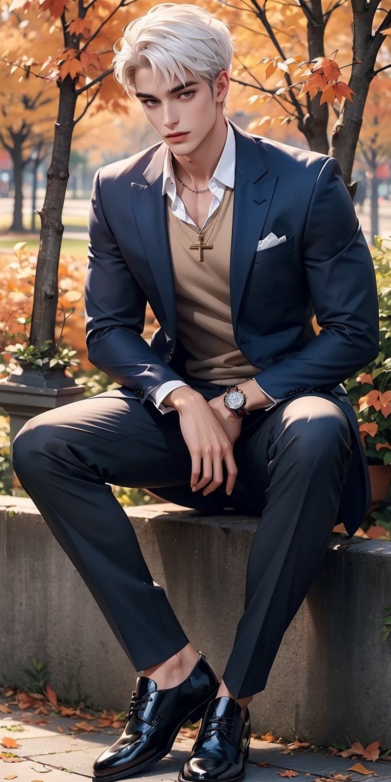 handsome male,muscular, white hair,curly_hair,suit,shoes,cross necklace,best quality,sitting,day,in autumn,flower, More Detail, 