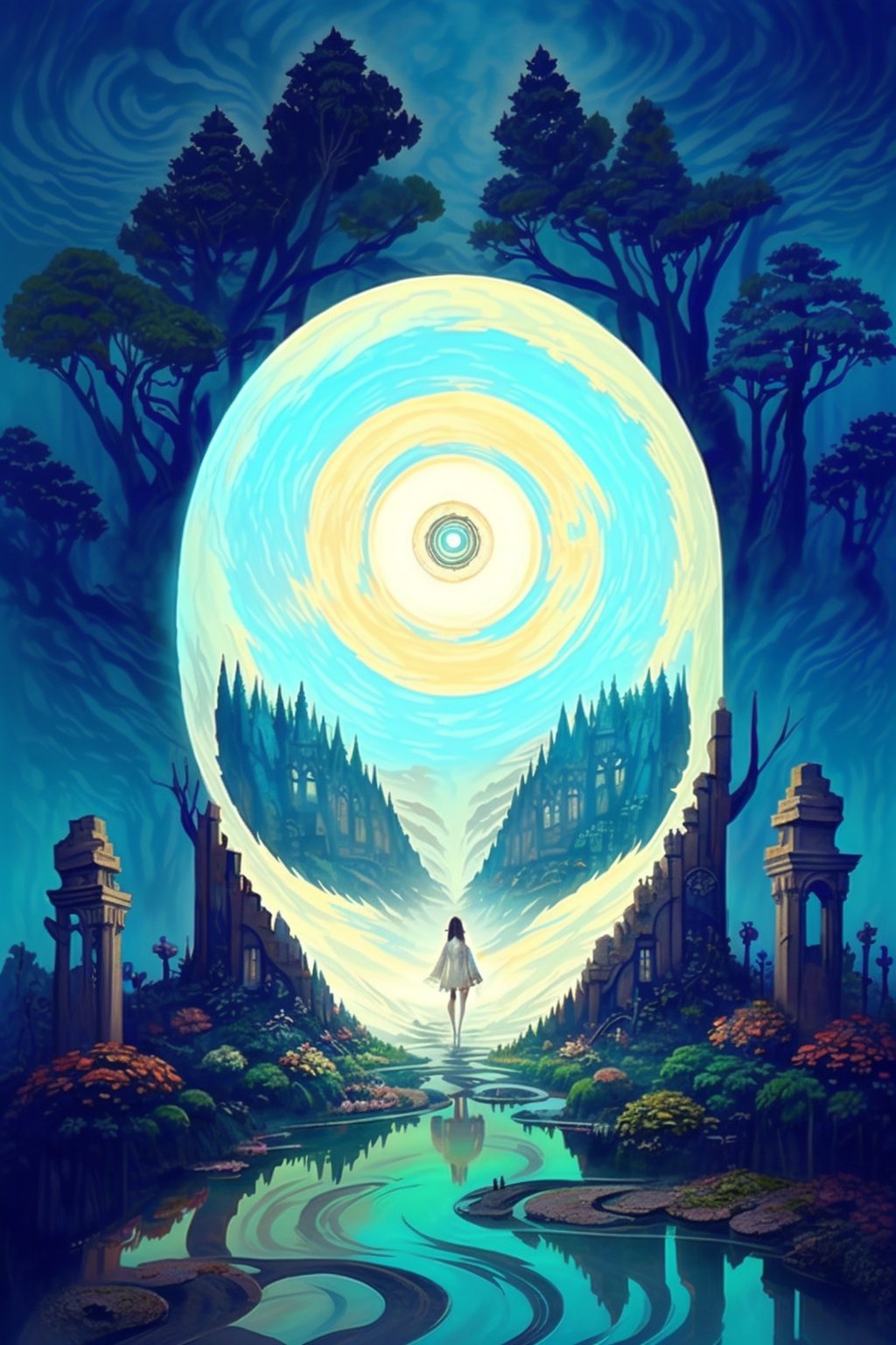 a bizarre dreamlike depiction of exploring the unknown, (1 white boy , 1 Japanese girl), dark hair, holding hands, looking at sky, exploring a dark magical fantasy forest with twisted ancient trees, ancient magical ruins, hidden creatures, walking on reflection, path toward eye in pyramid, dreamscape, bizarre hallucinations, dreampunk, ghosts in mist, incredible artwork, painting, best quality, beautiful, perfect detail, ornate, rule of thirds, creepy, strange creatures, Fae ,magic Circle, magic patterns,Leonardo Style,Movie Still,dfdd,lofi, illustration,vector art,EpicSky