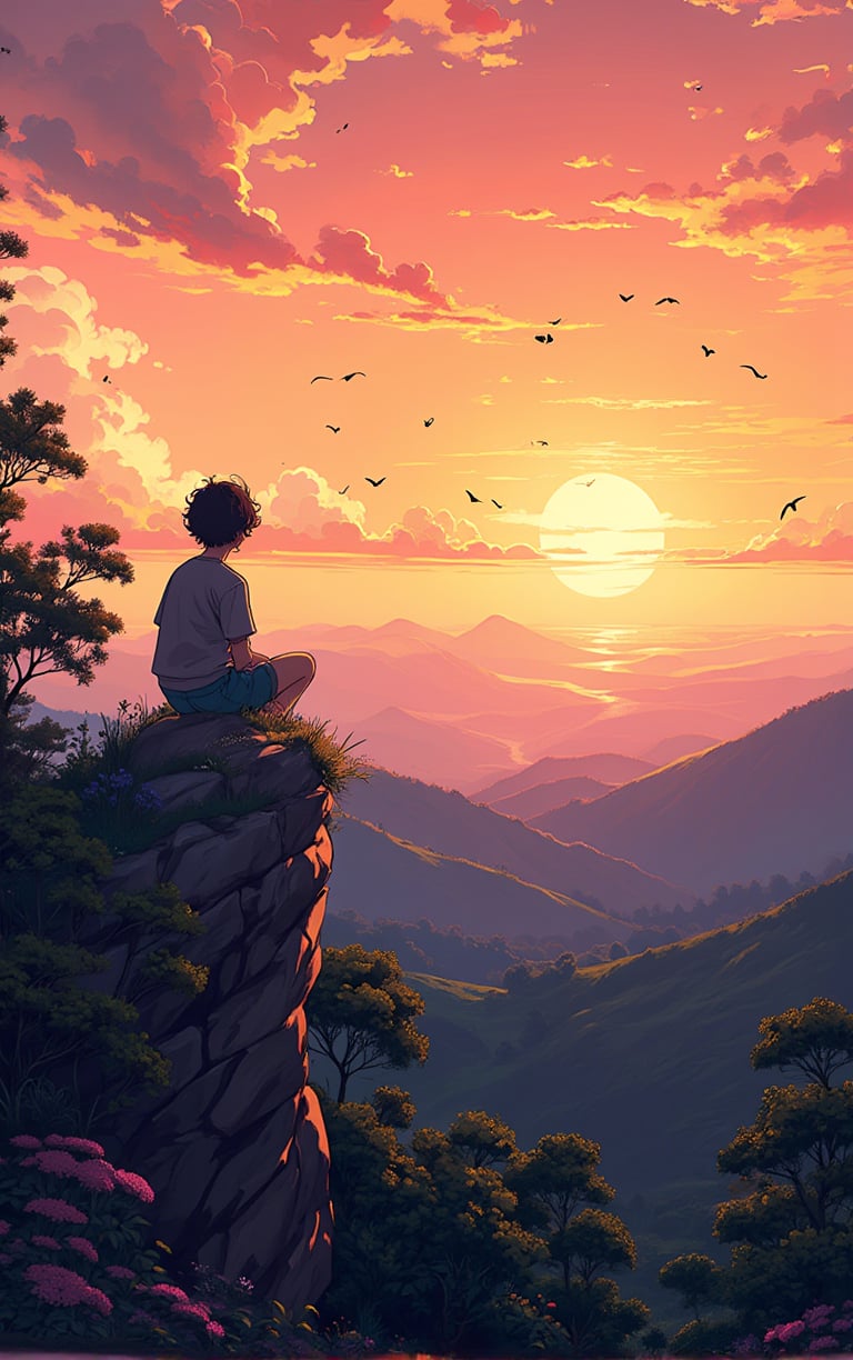 score_9, score_8_up, score_7_up, score_7, score_6_up, score_5_up,(Anime style), 4K anime wallpaper, illustration style inspired by Studio Ghibli, person on top of a mountain, looking at the horizon, watching the birds fly by, and the sun setting on the horizon, ultra high-quality detailed 