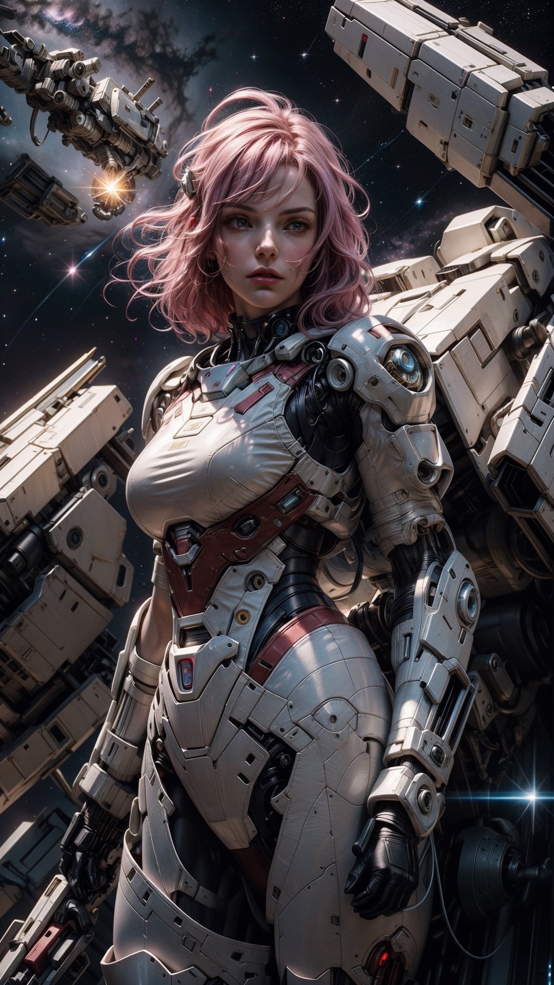 (4k), (masterpiece), (best quality),(extremely intricate), (realistic), (sharp focus), (award winning), (cinematic lighting), (extremely detailed), 

A young woman with long, flowing pink hair stands tall in the cockpit of her towering white mech suit, her face illuminated by the glow of the stars. The mech suit is a marvel of engineering, with sleek lines and powerful weaponry. The woman herself is a skilled warrior, trained in the arts of combat and piloting.

She is standing in front of a vast nebula, its swirling colors creating a breathtaking backdrop. The nebula is home to a variety of alien lifeforms, some of which are hostile to humanity. But the woman is not afraid. She is here to protect her people and to explore the unknown.

She raises her fist in a gesture of defiance, and her mech suit roars to life. She is ready to face whatever challenges the nebula may throw her way.

Details:

The woman is a space mecha pilot / space warrior.
She has long, flowing pink hair.
She is wearing a white bodytight spacesuit.
She is standing in the cockpit of her towering white mech suit.
She is standing in front of a vast nebula.
She raises her fist in a gesture of defiance.

,mecha,princessmononoke