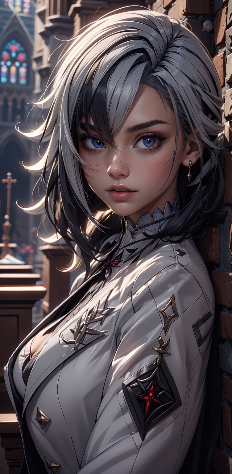 thick outlines, comics, photorealistic, perfect hands, masterpiece:1.2, cathedral, dark, ghotic, 1girl, solo, , white hair, black hair, multicolored hair, x-shaped pupils, black eyes, arle_suit, small breast, detailed background, detailed face, detailed eyes, More Detail, 