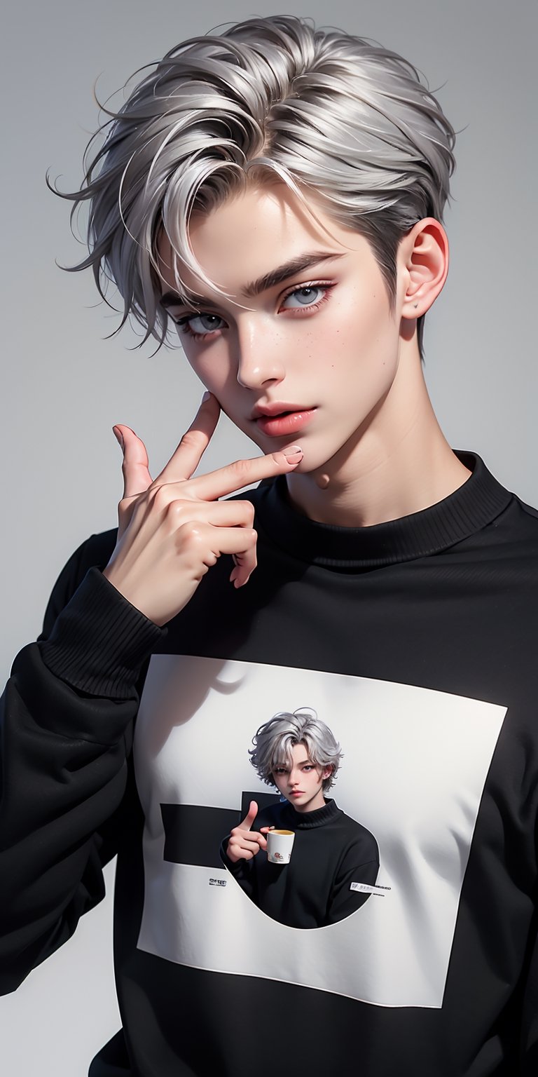 1male, cold marble gray eyes, short silver messy hair, (black sweater:1.1), pastelgothAI, beautiful hands, perfect hands, , ( fg2h, fingergun:1.2),Color Booster