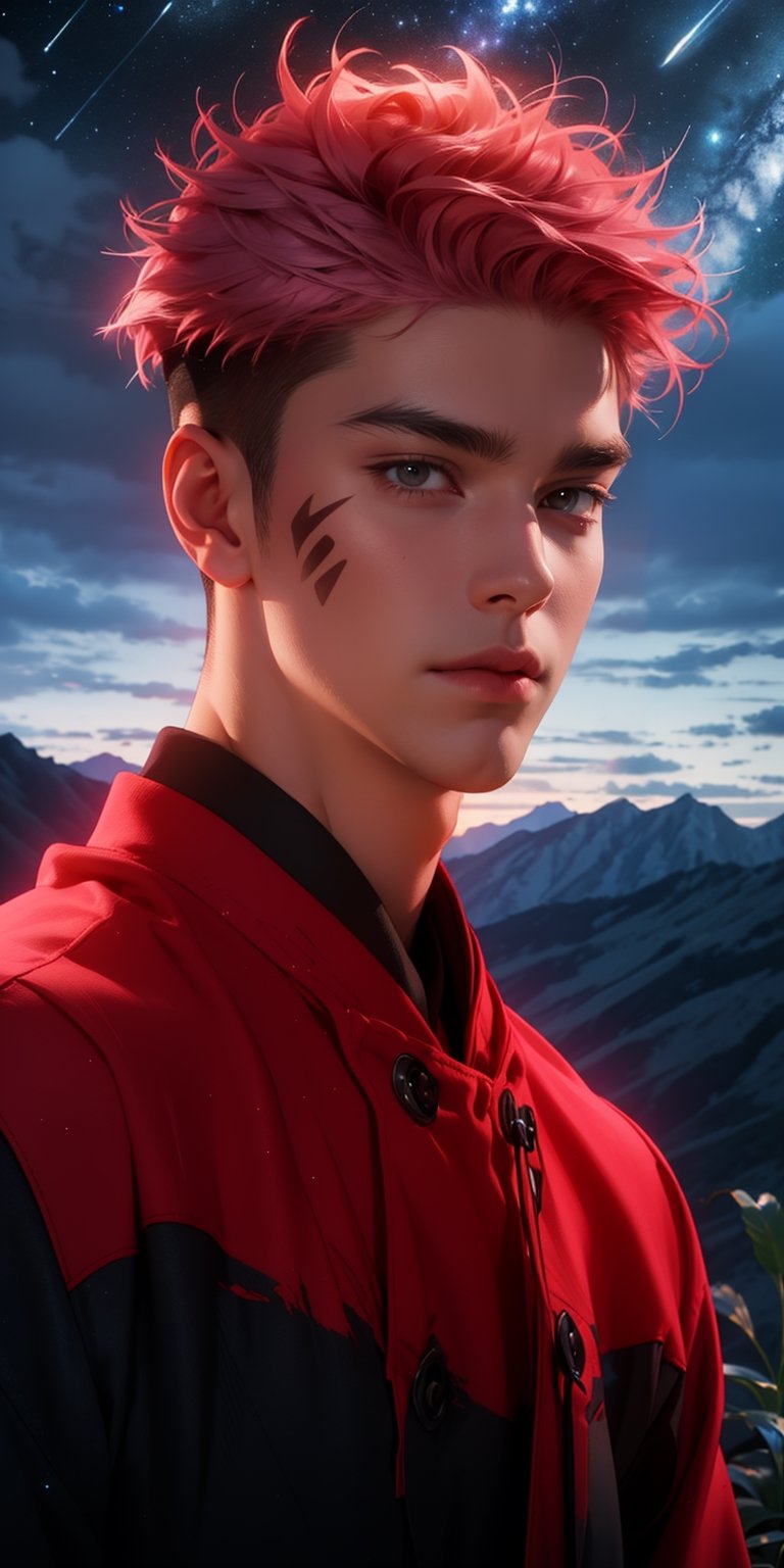 handsome male,,IncrsSecretPower,solo,super funny,,itadori yuuji,pink hair,spiked hair,short hair,undercut,facial mark,brown eyes,starry sky,shooting star,itadori_yuuji, mountains,Spider Lily