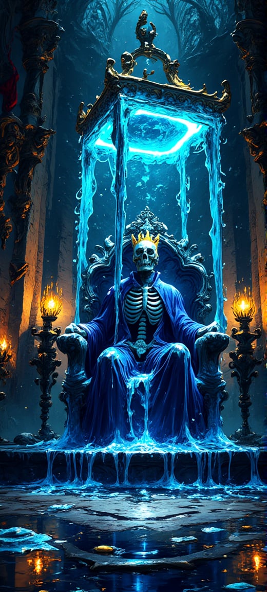 famous artwork in the style of dan mumford, an intricately detailed and dynamic scene in a dark, decaying throne room of an ancient gothic castle, low angle view of a gooey translucent gelatinous cube with rounded, oozing, dripping edges and corners, it is colored in a deep blue to light blue gradient, its magical glowing gel engulfing the skeletal remains of a once-mighty king with his imposing orante golden crown and dissolving regal attire on an intricately carved, gilded throne with elaborate filigree, the throne's luxurious design featuring detailed engravings of mythical creatures and ancient symbols, the contents of the towering gelatinous cube are slowly dissolving, creating tiny bubbles in the gel, the cube's gelatinous mass distorts the view like uneven, slightly milky glass, the scene is bathed in deep, moody colors with harsh shadows and vibrant neon highlights, tattered banners hanging from the walls, flickering torches casting sinister light across the room, the atmosphere is both ominous and otherworldly, blending horror and fantasy in a visually striking, dramatic, and epic composition,   