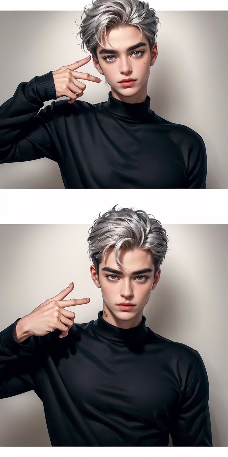 1male, cold marble gray eyes, short silver messy hair, (black sweater:1.1), pastelgothAI, beautiful hands, perfect hands,More Detail, perfect(fingergun to head:1.4)