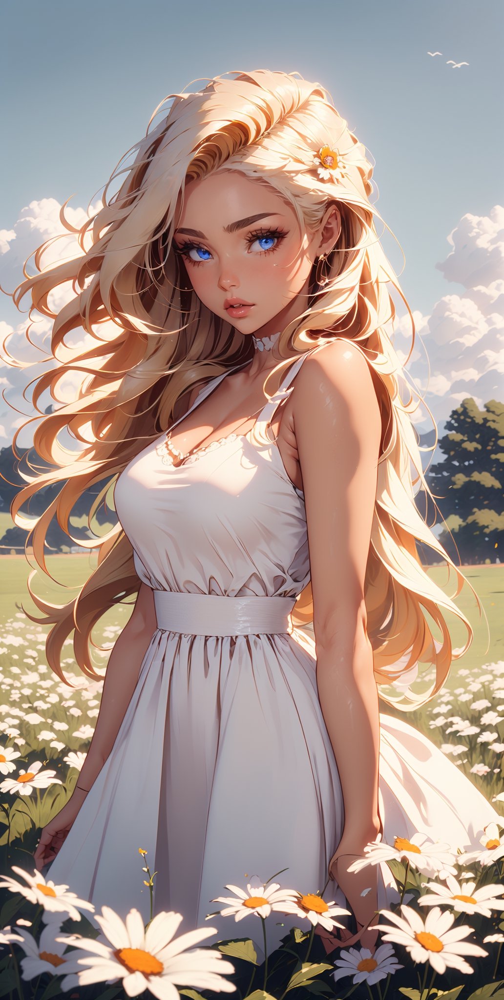 (Masterpiece quality), 1girl,in a field of flowers,white flower,looking at viewer,blue eyes,blonde hair,daisy,long hair,pure white dress,More Detail,Sexy Women 