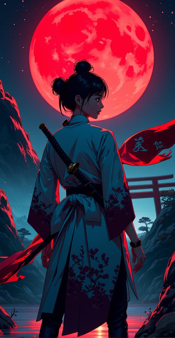 A back-view shot captures the cyborg warrior as she stands with her katana slung across her back, the blade reflecting the red moonlight. Her short double pom-pom hair and mechanical jaw are just visible from behind, while her baggy kimono flows in the wind, the traditional Japanese cloud illustrations and flowers barely visible in the soft glow. The scene is framed by two towering mountains and a massive torii gate under the eerie red moon, with volumetric fog and cyan-red lighting creating a mysterious ambiance. Her scarf floats elegantly in the air, enhancing the sense of movement and grace."
retro cyberpunk anime,
, hkwarrior,
 , detailmaximizer
 , aidmaGlow,