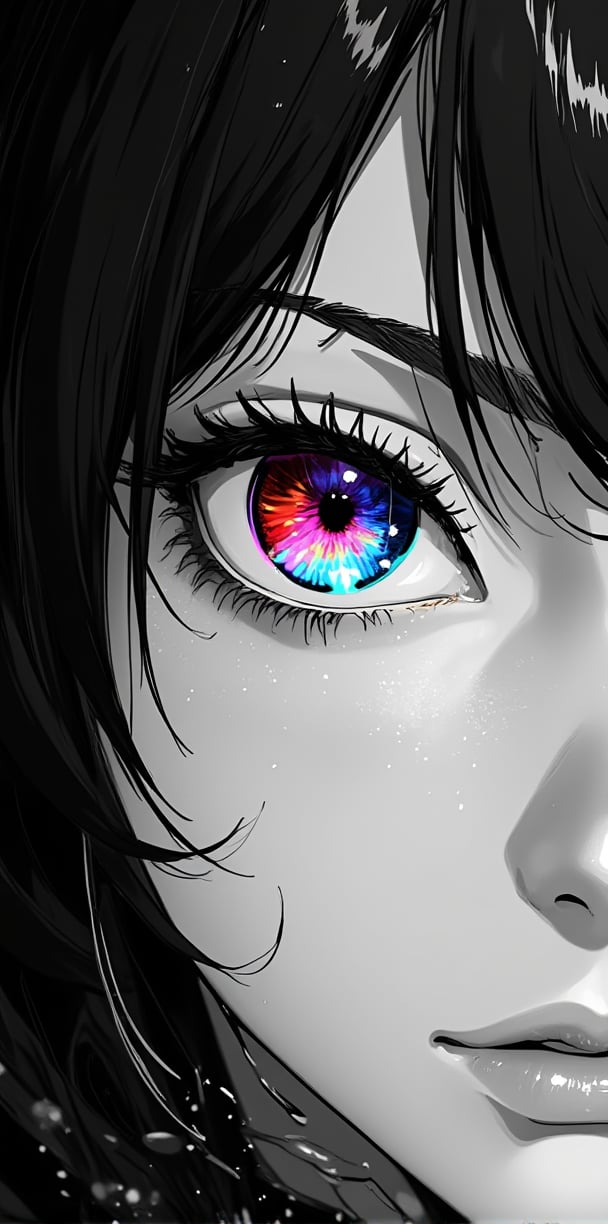 black and white girl, eyes are cosmic color and very colorful with many colors in very smooth gradience,super close up of eye,very cute ((monochrome anime girl))