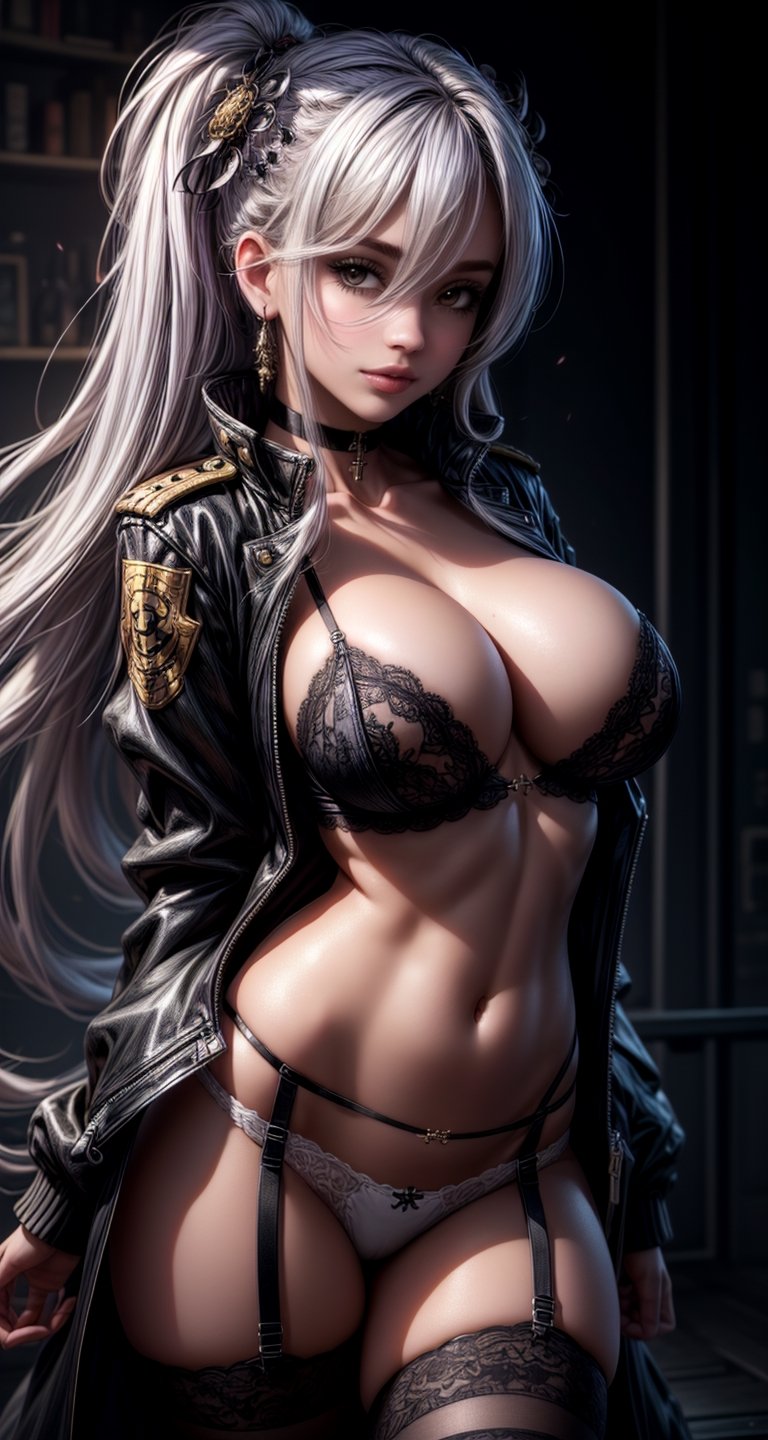 (masterpiece, best quality), 1girl,     UlrichDef, long sleeves, choker, cross, thighhighs, breasts, navel, bare shoulders, hair over one eye, black thighhighs, black jacket, black choker, black coat, cleavage, crop top, skindentation, garter straps, piercing, cross, revealing clothes, areola slip, seiza, white panties, arms behind back,ulrich von hutten /(azur lane/),ulrich von hutten \(azur lane\),More Detail