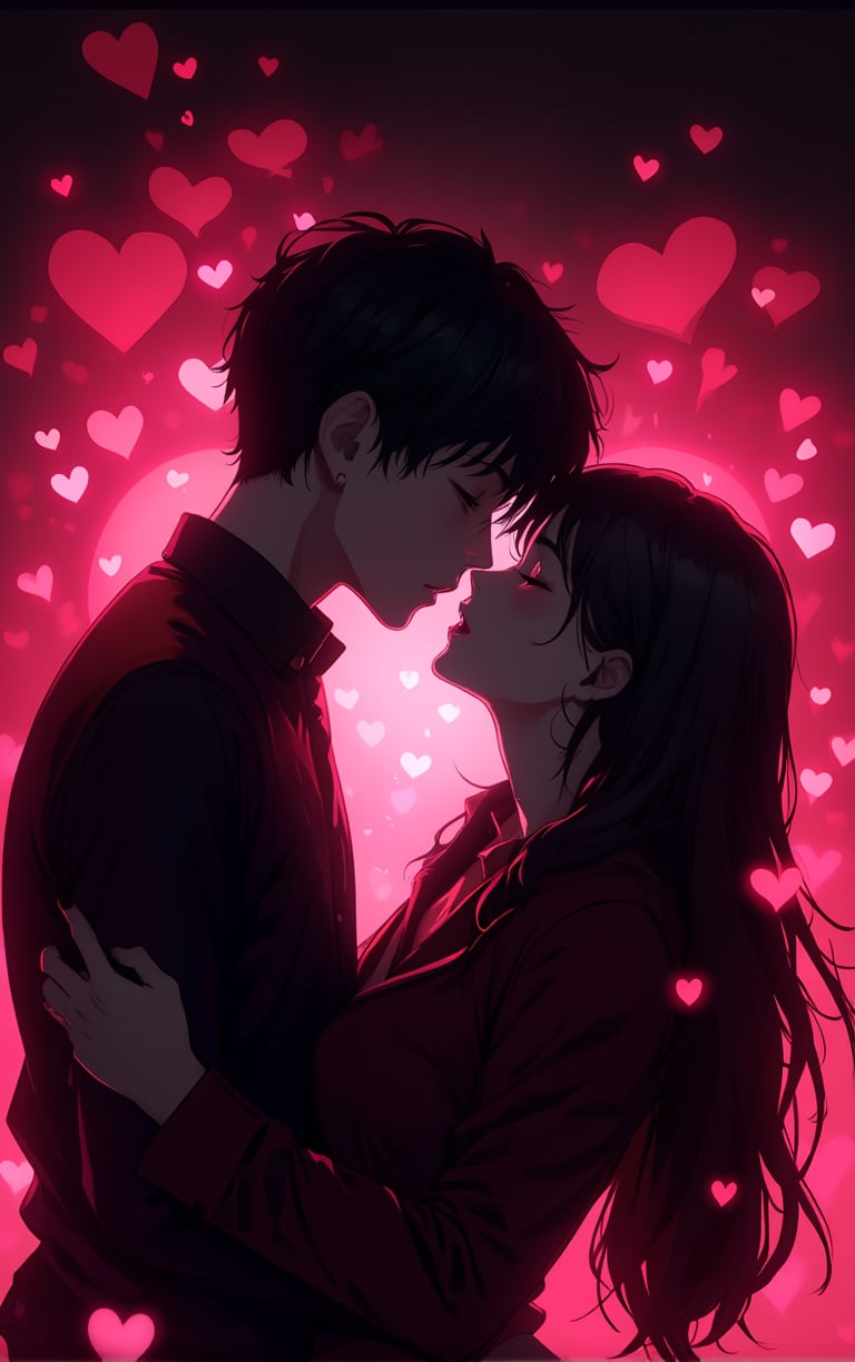 score_9, score_8_up, score_7_up, score_7, score_6_up, score_5_up,(Anime style), black siluette, (close up:1.4), 1woman,1man,floating red hearts, pink mist, kiss, closed eyes, romantic atmosphere, stunning, film gain, reij-drkrt, dark colored shadow, neon details, low contrast, (red color grading), 