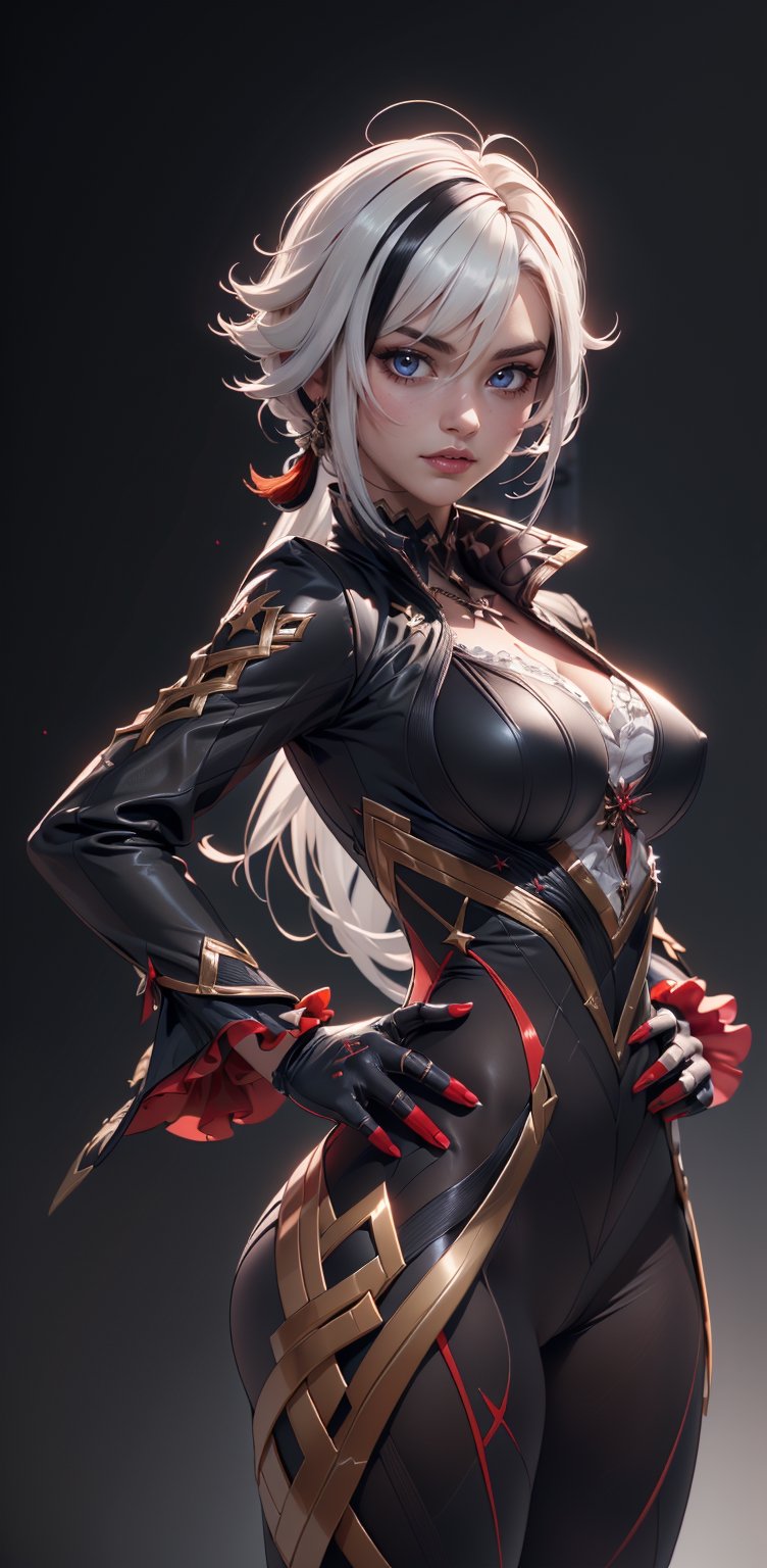 (ultra realistic,32k, masterpiece:1.2),(high detailed skin:1.1), 8k uhd, dslr, high quality,(makeup, mascara:0.9), (thick\lips\),,,,,(Medium breast)
1girl, solo, white hair, black hair, multicolored hair,  black eyes, x-shaped pupils, gloves,   , arle_suit, hand on hip, 
simple background, perfect hands,  nice hands(high detailed skin:1.4), sfw,
soft lighting, high quality, ,arlecchino \(genshin impact\), More Detail,