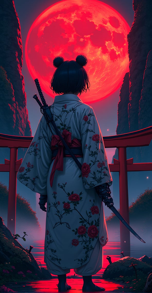 A back-view shot captures the cyborg warrior as she stands with her katana slung across her back, the blade reflecting the red moonlight. Her short double pom-pom hair and mechanical jaw are just visible from behind, while her baggy kimono flows in the wind, the traditional Japanese cloud illustrations and flowers barely visible in the soft glow. The scene is framed by two towering mountains and a massive torii gate under the eerie red moon, with volumetric fog and cyan-red lighting creating a mysterious ambiance. Her scarf floats elegantly in the air, enhancing the sense of movement and grace."
retro cyberpunk anime,
, hkwarrior,
 , detailmaximizer
 , aidmaGlow,