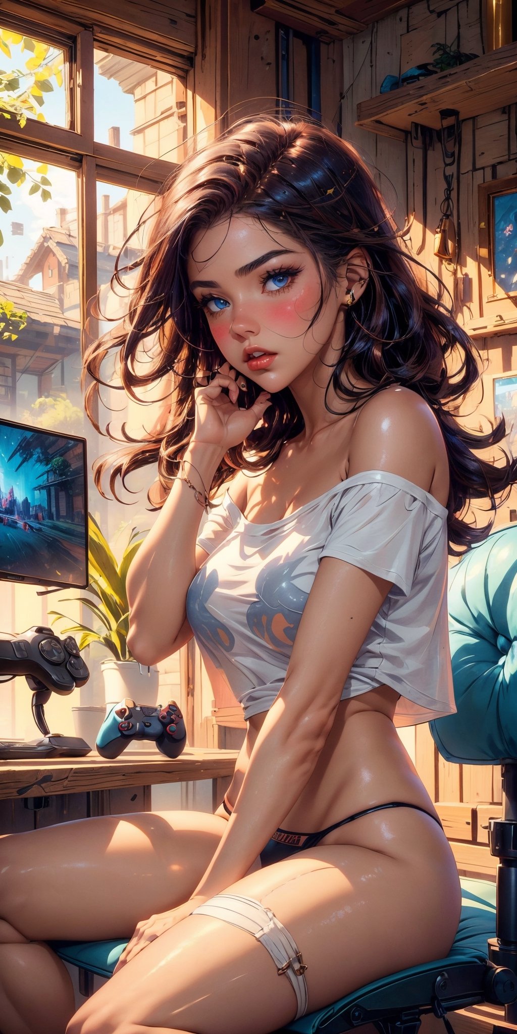 masterpiece,best quality,ultra-detailed,8K,High detailed, a dark haired girl,long tussled hair, tired, sexy, cute,skimpy,(white off the shoulder tshirt with video game print), laced thong,see-trough, delicate, pubic hair, mordern, Gaming room, sitting in gaming chair, cup of coffe, morning after, blush,shy,Sexy Women ,More Detail,Color Booster,gameroomconcept