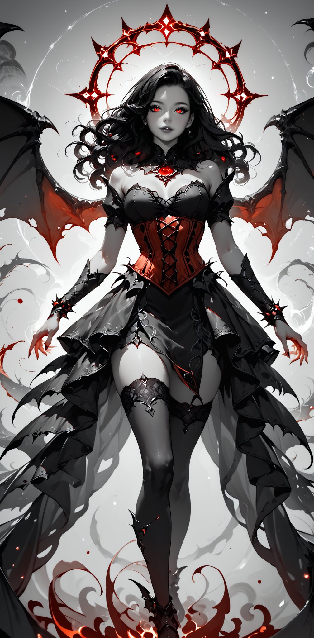 score_9,score_8_up,score_7_up, very aesthetic, intricate details,
1girl,black hair, Red eyes, Orange devil magic circle, Red spiked corset, black thighhighs with blood detail, sidelighting, void particles, demon wings, abstract, beautiful, Expressiveh,
colorvsgrey, monochrome, greyscale