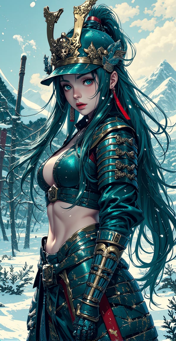 cyberpunk anime style, a stunning japanese female warrior, long flowing hair, wearing samurai armour and helmet, holding a katana with both hands on a snowy battlefield, theme in teal, red and black colour, high quality, highly detailed