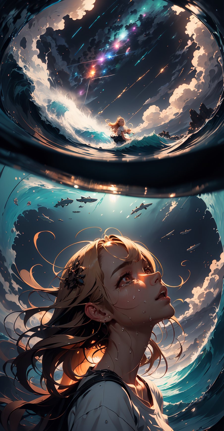 The constellations form infinite paisleys in the sky The condensation tumbles down and erases all my sight And is it in the nightmare map of the cosmos up high? Or is it in the signs? Or stranger still,  just in my eyes?,  art by Clayton Crain,  Stjepan Sejic,  Rachel Walpole,  Jeszika Le Vye,  Peter Mohrbacher,  thunder and portal and dark magic and starlight,   1girl,  looking up into the sky, ((crying!!)),  tears dripping from her beautiful eyes,  blond,  sexy, Meteors falling from the sky,  cliffs,  ocean,  waves,  Fisheye Lens,  wet white shirt,  view_from_below,  low_angle,  Leonardo Style, More Detail,