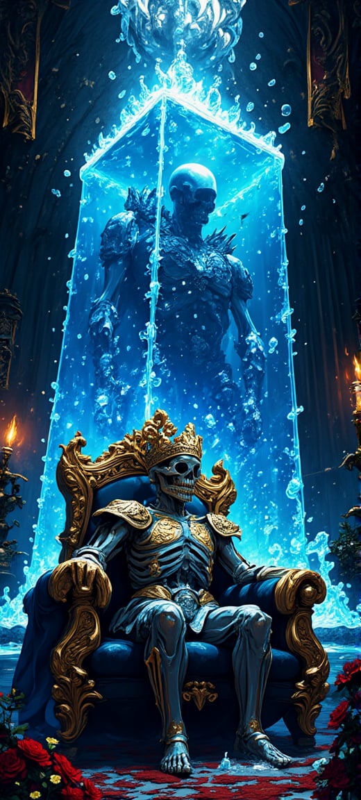 famous artwork in the style of dan mumford, an intricately detailed and dynamic scene in a dark, decaying throne room of an ancient gothic castle, low angle view of a gooey translucent gelatinous cube with rounded, oozing, dripping edges and corners, it is colored in a deep blue to light blue gradient, its magical glowing gel engulfing the skeletal remains of a once-mighty king with his imposing orante golden crown and dissolving regal attire on an intricately carved, gilded throne with elaborate filigree, the throne's luxurious design featuring detailed engravings of mythical creatures and ancient symbols, the contents of the towering gelatinous cube are slowly dissolving, creating tiny bubbles in the gel, the cube's gelatinous mass distorts the view like uneven, slightly milky glass, the scene is bathed in deep, moody colors with harsh shadows and vibrant neon highlights, tattered banners hanging from the walls, flickering torches casting sinister light across the room, the atmosphere is both ominous and otherworldly, blending horror and fantasy in a visually striking, dramatic, and epic composition,   