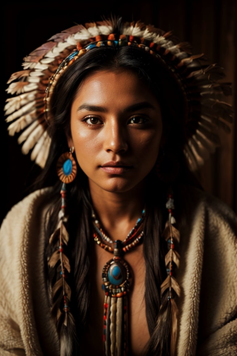 beautiful native american woman,  (8k,  best quality,  masterpiece,  photograph,  highly detailed:1.1),perfecteyes, volumetric lighting, traditional head dress, beautiful eyes, hypnotizing eyes 