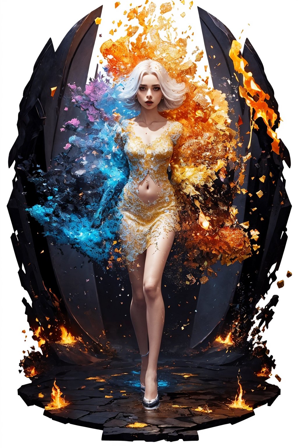 (masterpiece,  top quality,  best quality,  official art,  beautiful and aesthetic:1.2),  (1girl:1.2), fire fairy, cute,  light eyes,   beautiful face, ((Transparent heavenly plumage)),extreme detailed, (abstract:1.4,  fractal art:1.3), (shain gold hair:1.1),  fate \(series\),  colorful, highest detailed, lightning, Swirling lava, flying flames,ability to manipulate fire, (splash_art:1.2),  jewelry:1.4,  silver wear, scenery,  ink  ,pyromancer,DisintegrationEffect
