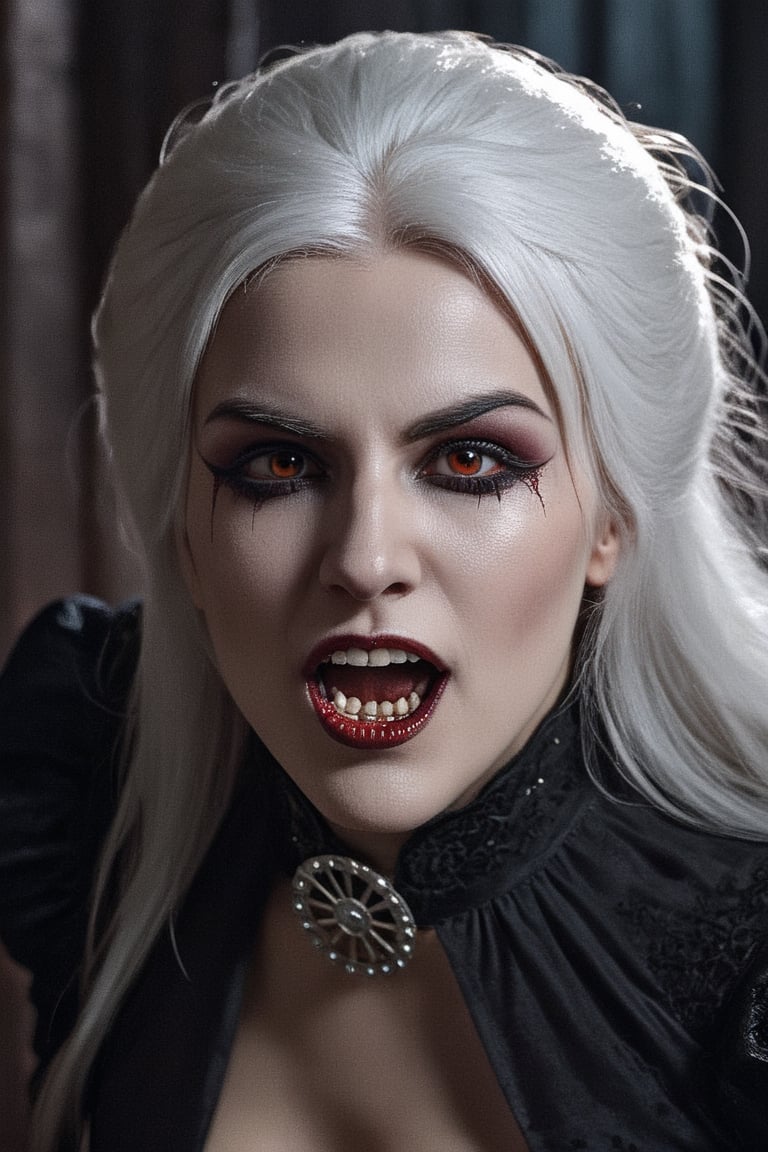 extremely detailed CG unity 8k wallpaper portrait of a vampire woman biting the viewer in a victorian back alley, white hair, 8k, night time, tan skin, mouth open, white shredded dress, crawling on ground, vampire fangs, ((Vampire teeth))long vampire fangs,blood dripping from mouth, dramatic lighting, by greg rutkowski, night sky, stars, full moon,Movie Still,greg rutkowski,HZ Steampunk,Film Still