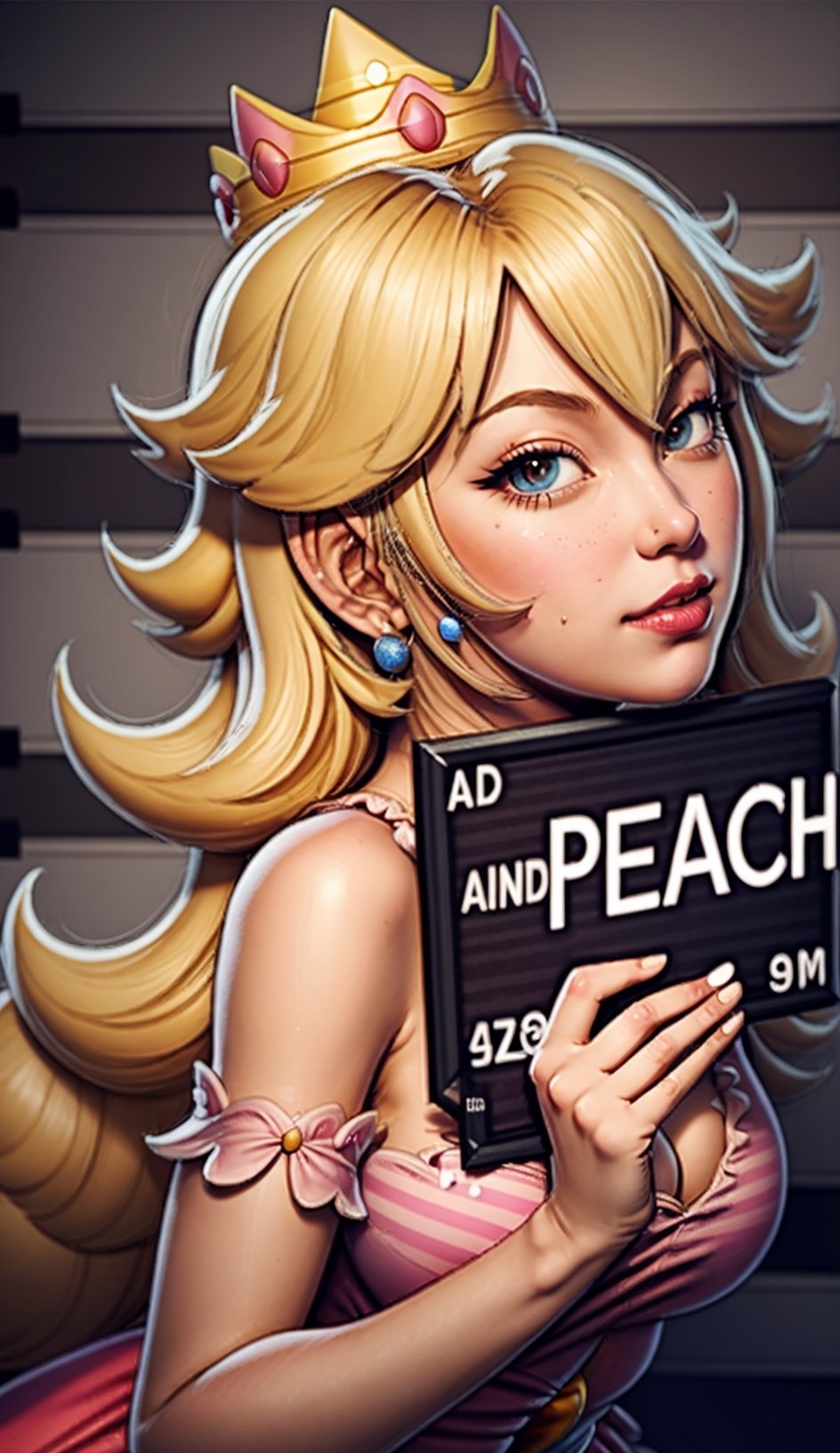 , mugshot, height chart, 1girl, upper body, holding sign, looking at viewer, Text"(Peach:1.4)" prison clothes, striped shirt,  princess peach,  blonde hair, crown, ,Peach_SMP