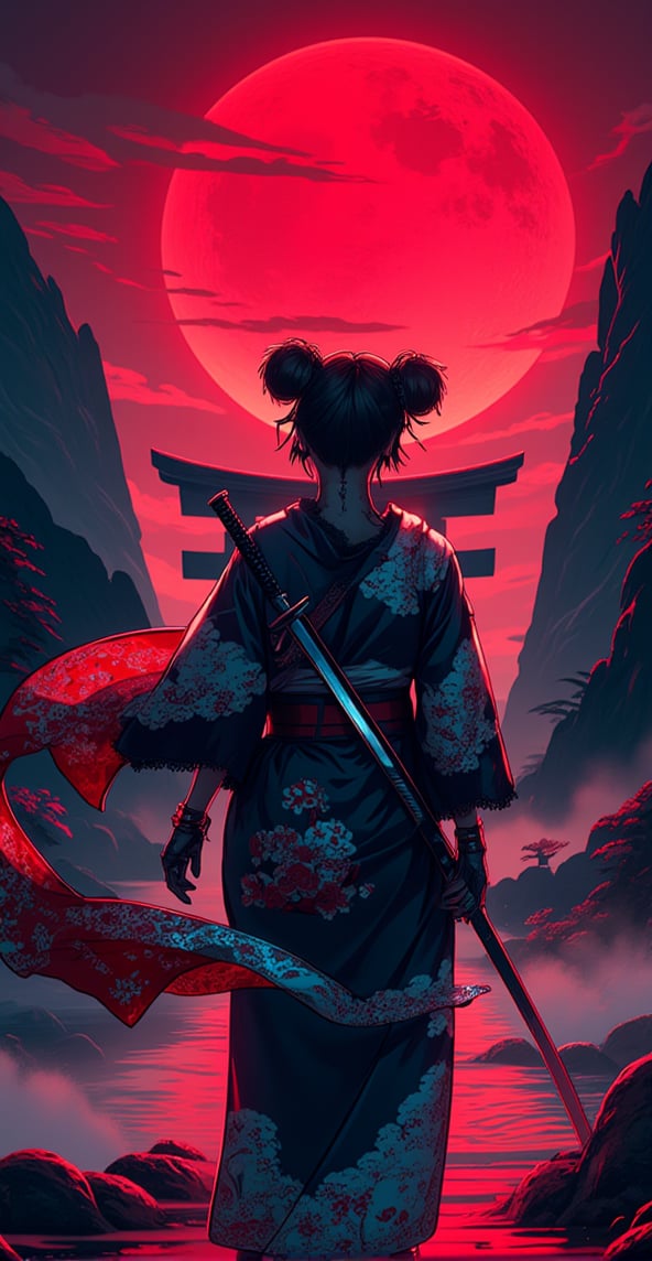 A back-view shot captures the cyborg warrior as she stands with her katana slung across her back, the blade reflecting the red moonlight. Her short double pom-pom hair and mechanical jaw are just visible from behind, while her baggy kimono flows in the wind, the traditional Japanese cloud illustrations and flowers barely visible in the soft glow. The scene is framed by two towering mountains and a massive torii gate under the eerie red moon, with volumetric fog and cyan-red lighting creating a mysterious ambiance. Her scarf floats elegantly in the air, enhancing the sense of movement and grace."
retro cyberpunk anime,
, hkwarrior,
 , detailmaximizer
 , aidmaGlow,