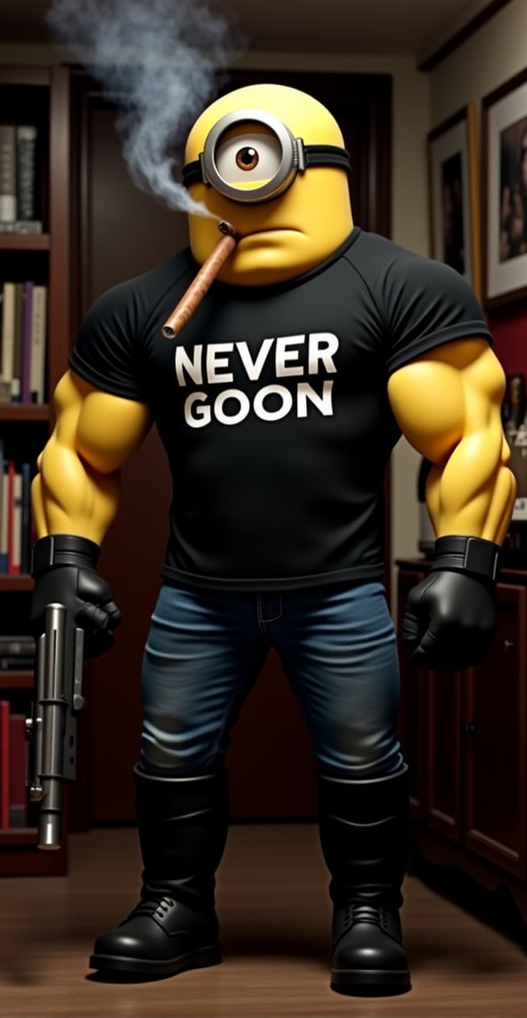 An extremely muscular minion, wearing a black shirt that says "NEVER GOON", smoking a cigar, holding a gun,
Basement apartment setting, dimly lit, 
Masterpiece, 4k, 8k, highly detailed, looking at viewer,
despicable me, one eye, anthropomorphic, bulging muscles,