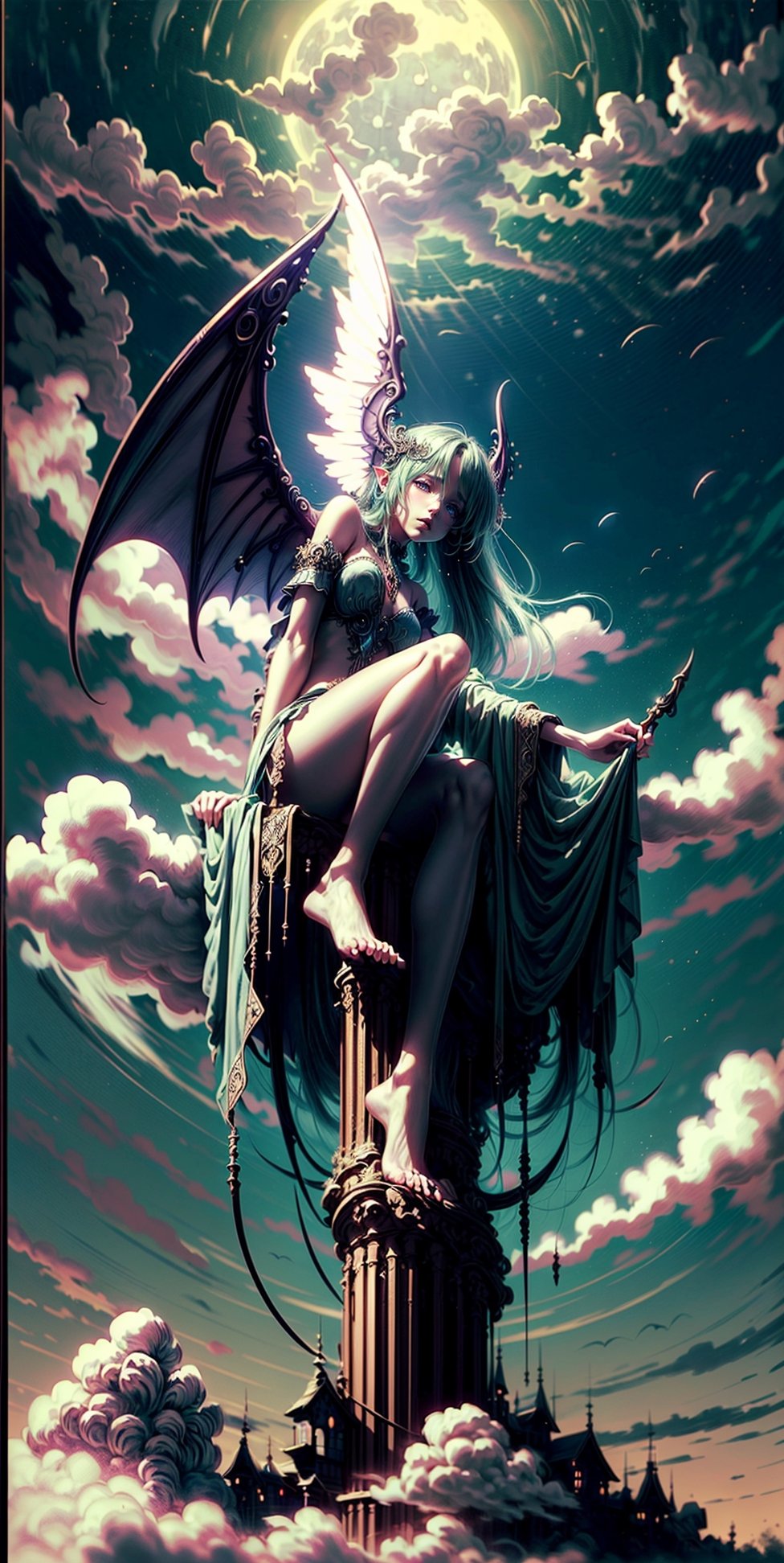 ((best quality)), ((masterpiece)), (detailed), alluring succubus, ethereal beauty, perched on a cloud, (fantasy illustration:1.3), enchanting gaze, captivating pose, delicate wings, otherworldly charm, mystical sky, (Luis Royo:1.2), (Yoshitaka Amano:1.1), moonlit night, soft colors, (detailed cloudscape:1.3), (high-resolution:1.2)