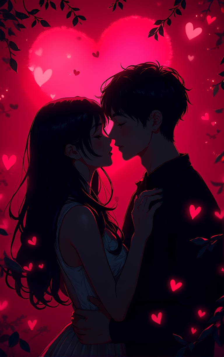 score_9, score_8_up, score_7_up, score_7, score_6_up, score_5_up,(Anime style), black siluette, (close up:1.4), 1woman,1man,floating red hearts, pink mist, kiss, closed eyes, romantic atmosphere, stunning, film gain, reij-drkrt, dark colored shadow, neon details, low contrast, (red color grading), 