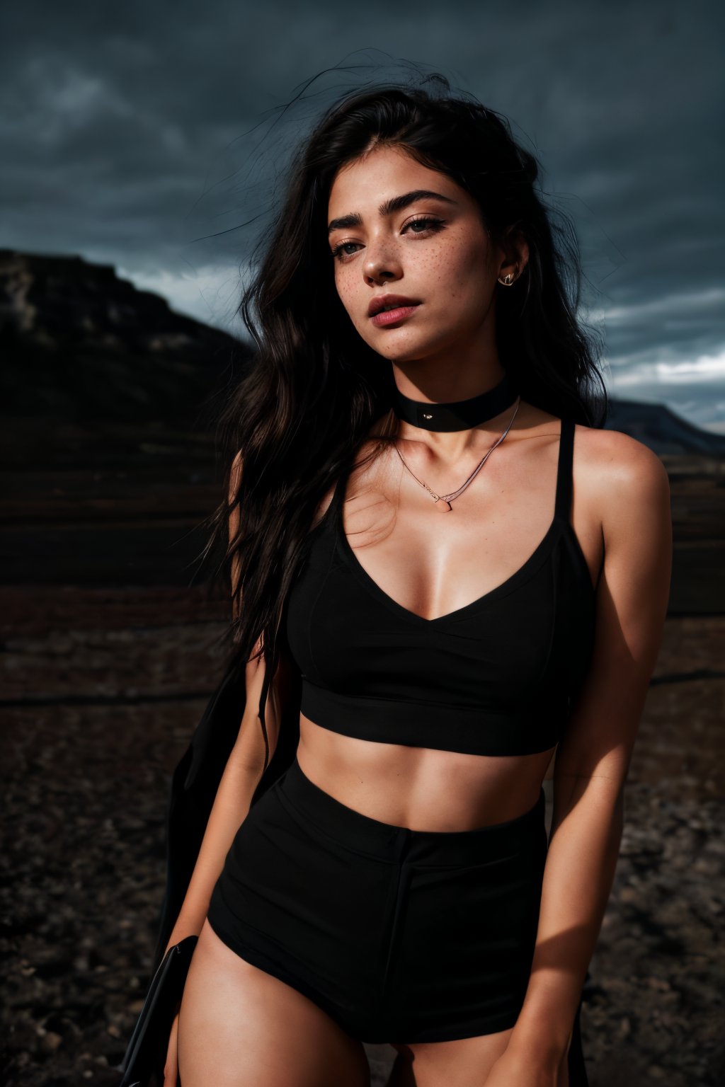 Take a day light moody photo of a woman with sexy wide big_hips, wearing a tank top and a stylish collar or choker accessory, showcasing her freckles and a small, intriguing tattoo on her arm. The woman should have a slight smirk on her face, and her detailed face, especially her detailed nose, should be the focal point of the image. Use the rule of thirds in composition to frame her face beautifully, and enhance the photo with dramatic lighting to add depth and intensity. Place the woman against a Fantastic Scenery background that complements her personality and adds shadows.",lalisamanoban,rashmika ,no_humans,Detailedface,Detailedeyes,thigh sex,shrutih,black business suit