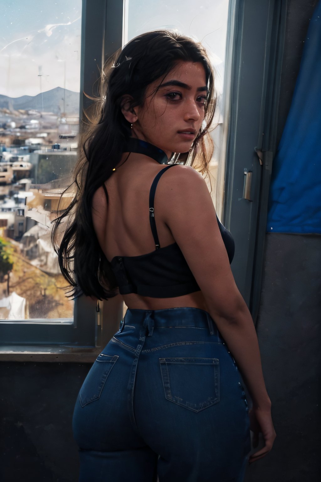 Take a photo of a woman with a big circle ass, perfect arms, perfect fingers, perfect legs,medium hair, wearing short pants and a stylish collar or choker accessory, showcasing her freckles, and a small, intriguing tattoo on her arm. The woman should have a slight smirk on her face, and her detailed face, especially her detailed nose, should be the focal point of the image. Use the rule of thirds in composition to frame her face beautifully, and enhance the photo with dramatic lighting to add depth and intensity. Place the woman against a blue room where orange sunlight is coming from large window and blue sky, creating an intricate background that complements her personality and adds to the overall story of the photograph.",lalisamanoban,rashmika ,	 SILHOUETTE LIGHT PARTICLES,no_humans,scenery,looking_at_viewer