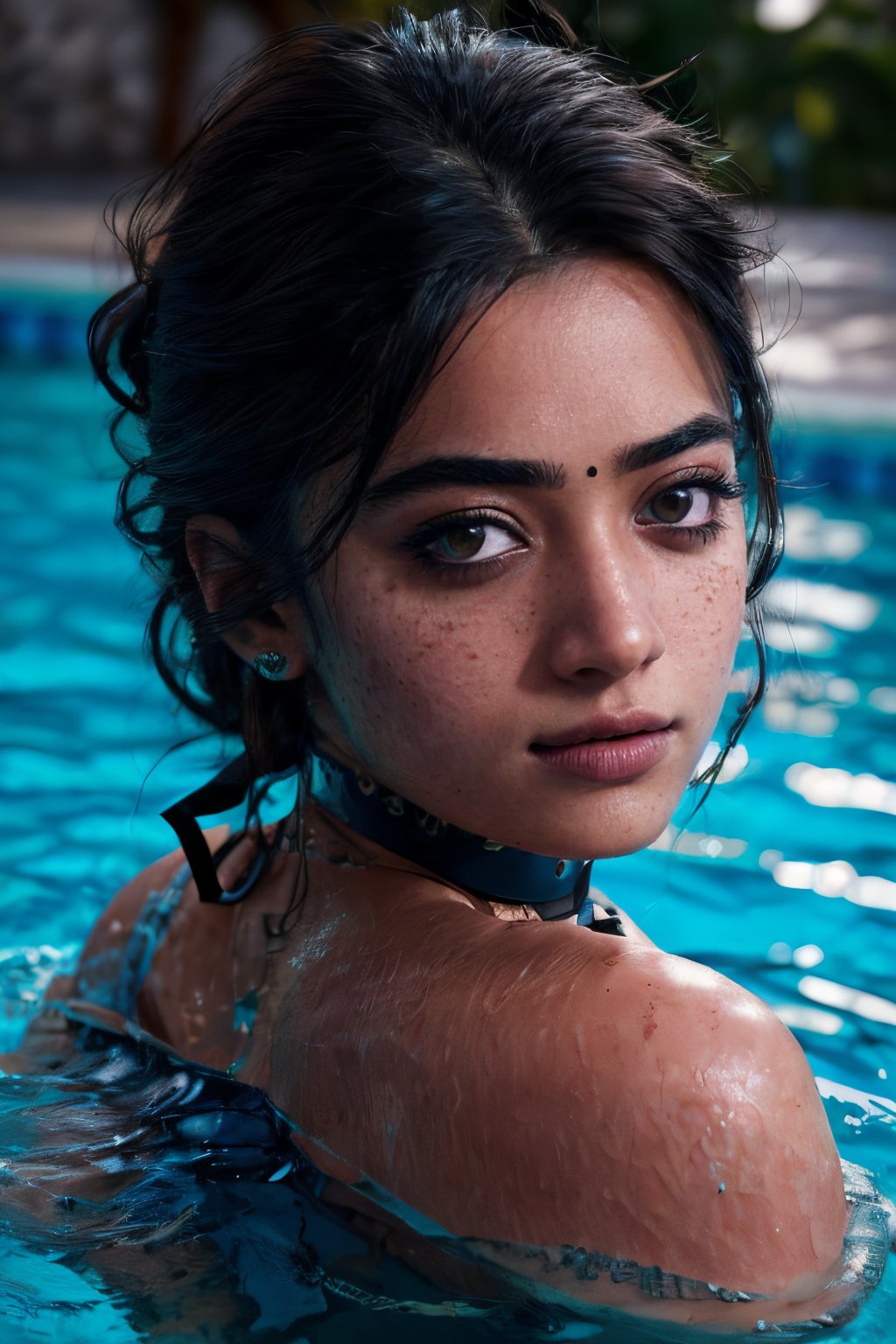 Take a photo of a woman inside a swimming pool walking out of the pool, wearing a top, a stylish collar or choker accessory, showing her freckles, and a small, intriguing tattoo on her arm, in a daytime, moody picture. The woman should have a slight smirk on her face. The focus of the image should be on her detailed face and her sexy, narrow waist. Using the rule of thirds in composition, frame her wide hips beautifully and enhance the photo with dramatic lighting to add depth and intensity. Place the woman against a Fantastic water scene background that complements her personality and adds hair shadows to her face.",lalisamanoban, rashmika, no_humans, detailed face, sharp eyes