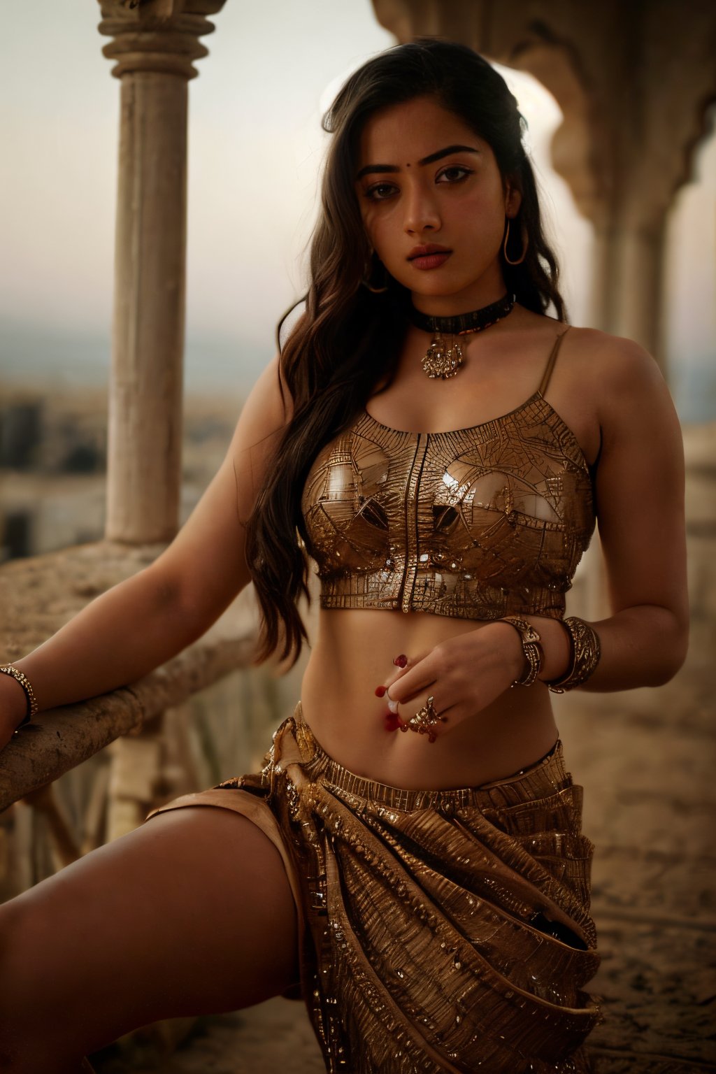 Take a light, moody photo of a woman in a pose with wide hips, perfect arms, and perfect fingers, wearing an Indian saree and a jewelry accessory or choker accessory, showcasing her tight saree outfit and an intriguing tattoo on her arm. The woman should have a tight outfit, especially on her thighs, and her detailed face, especially her detailed nose, should be the focal point of the image. Use the rule of thirds in composition to frame her face beautifully, and enhance the photo with dramatic lighting to add depth and intensity. Place the woman against a intricate background that complements her personality and adds adds to the overall story of the photograph.",lalisamanoban, rashmika, no_humans, detailed face, detailed eyes, Saree